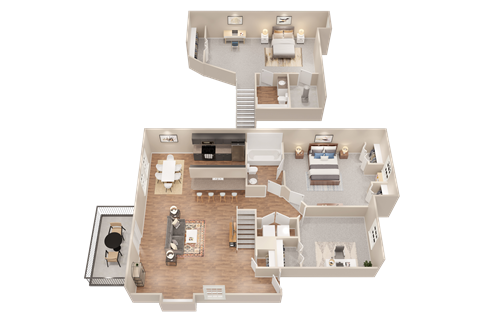 a 3d floor plan of a house with a bedroom and a living room